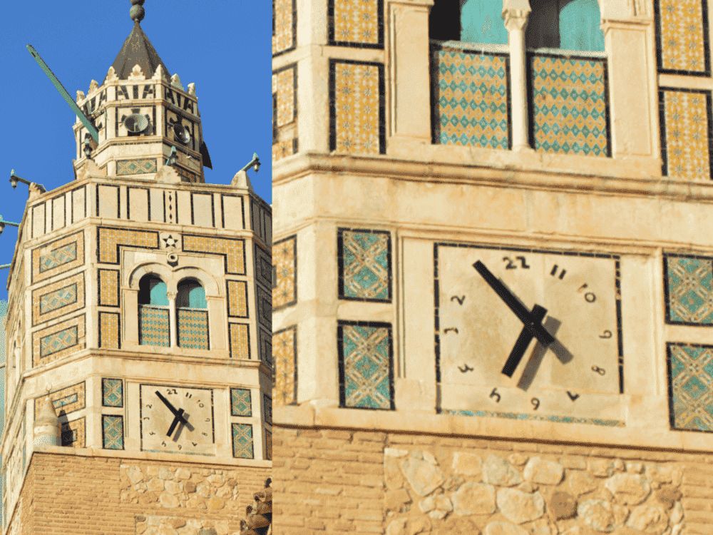 Reversed clock of Testour in Tunisia, located on the minaret of the Great Mosque, an Andalusian historical monument.