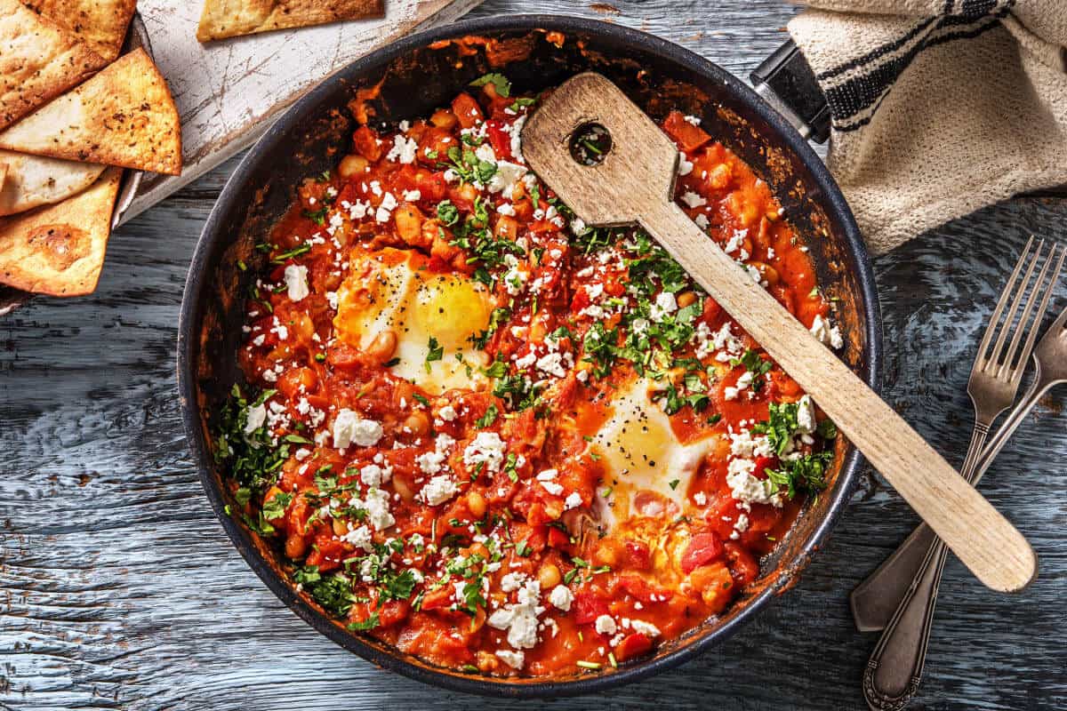 Tunisian chakchouka with eggs cooked in tomato and pepper sauce
