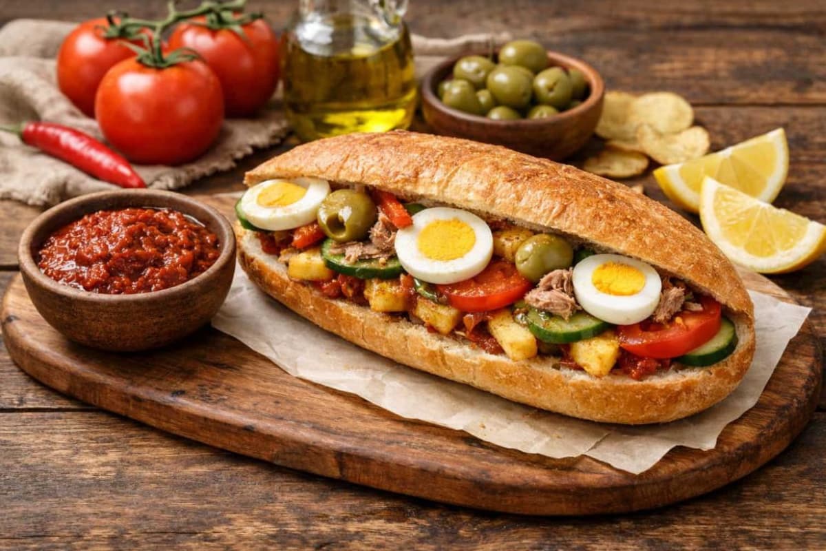 Tunisian casse-croute sandwich with tuna salad vegetables olives and harissa
