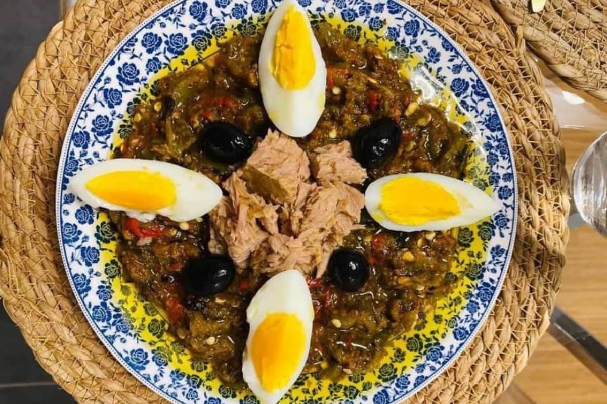 Traditional Tunisian mechouia salad made with grilled vegetables and olive oil