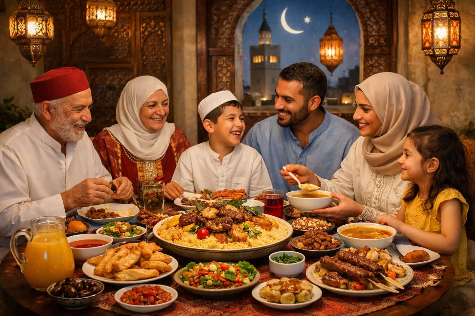 Tunisian family enjoying traditional Ramadan iftar dinner with couscous and dates in Tunis