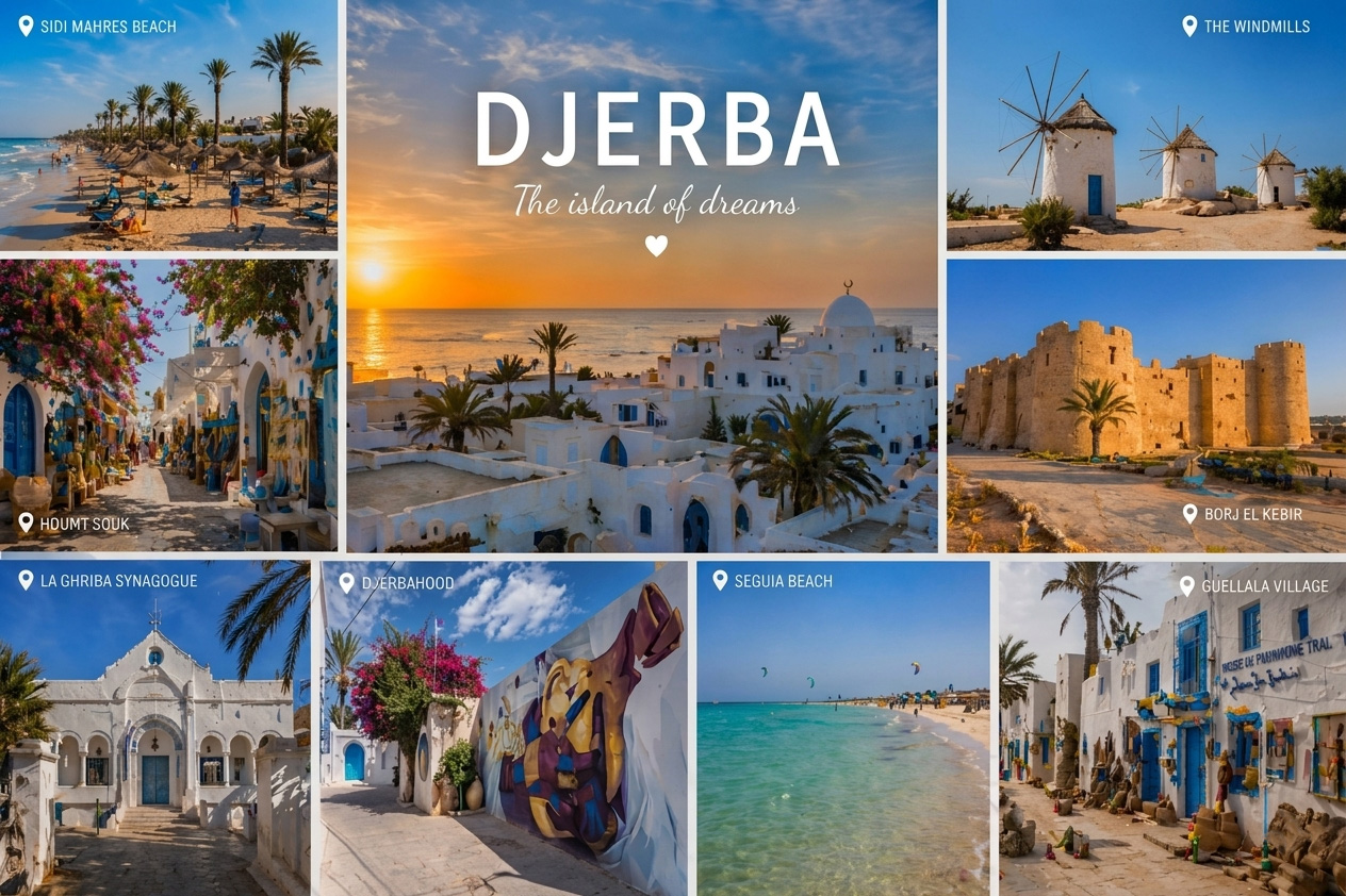 A collection of pictures showcasing the beautiful island of Djerba, including a beach, a windmill, and a variety of buildings. The pictures are arranged in a collage format, highlighting the unique charm of this picturesque location.