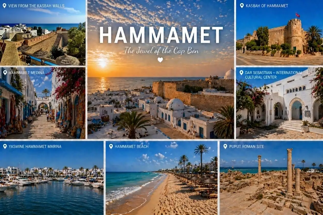 Stunning views of Hammamet, Tunisia, showcasing its kasbah, marina, beach, and cultural sites, perfect for travelers and explorers.