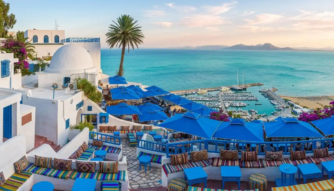 Scenic coastal view in Sidi Bou Said Tunisia featuring whitewashed buildings, blue domes, marina and turquoise Mediterranean Sea.