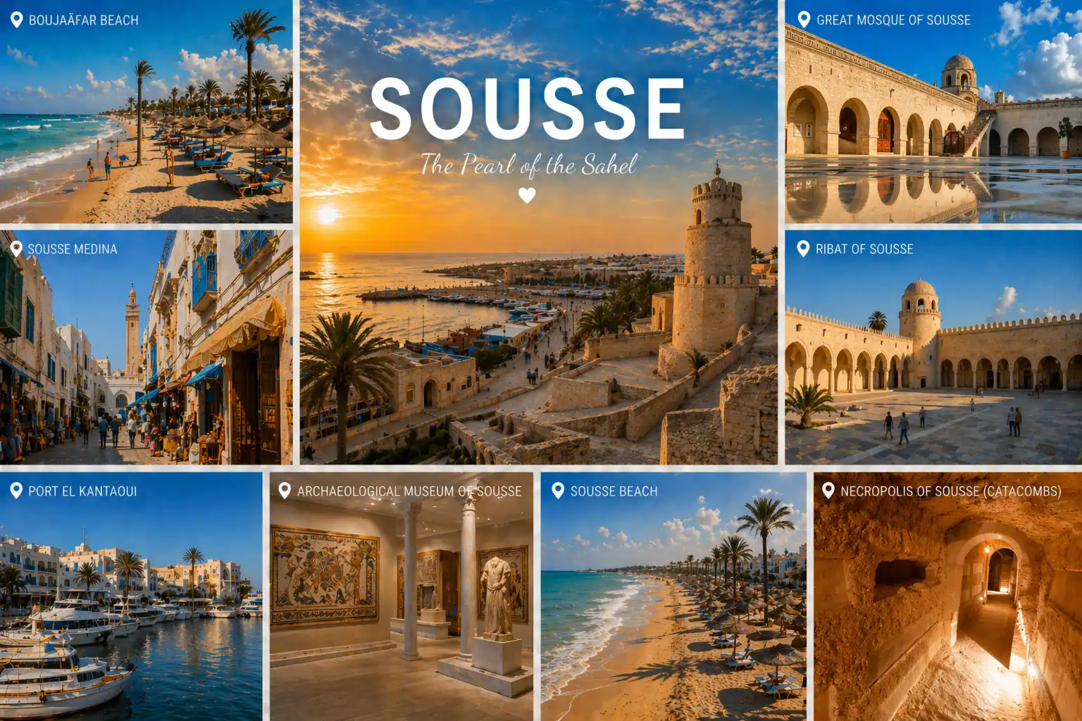 Collage showcasing Sousse highlights: Boujaafar Beach, Medina, Port El Kantaoui, Great Mosque, Ribat, Archaeological Museum, and catacombs, under a scenic sunset.