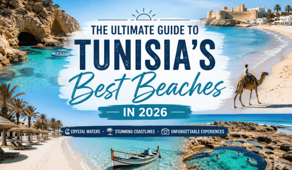 Featured image showcasing Tunisia's best beaches in 2026 with turquoise Mediterranean waters, golden sandy coastline and scenic coastal landscapes