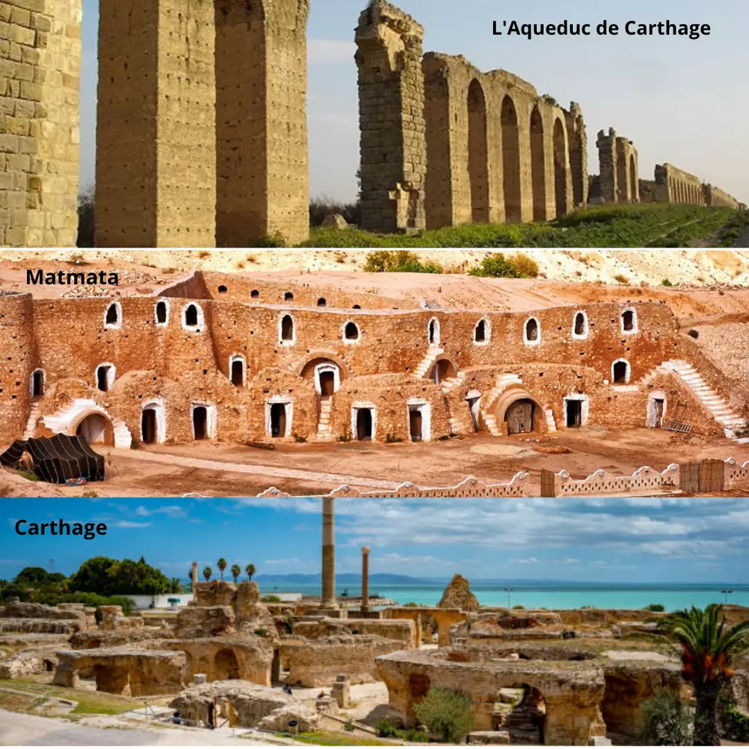 Cultural heritage sites in Tunisia including the Carthage Aqueduct, Matmata and Carthage
