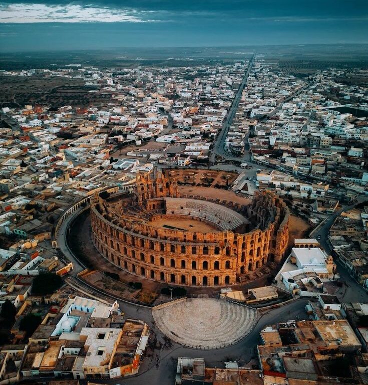 Aerial view of the Roman amphitheatre of El Jem in Tunisia